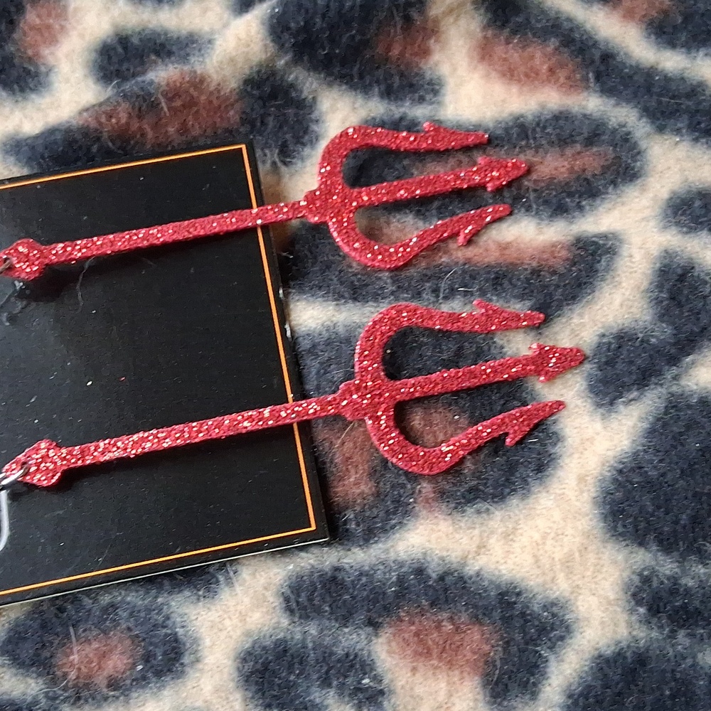 Red Devil Pitchfork Trident Dangle Earrings